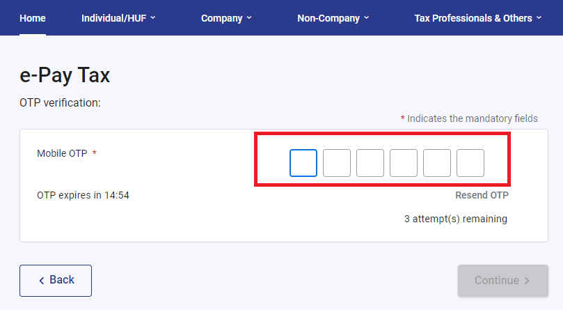 6 digit OTP when E-payment of tax