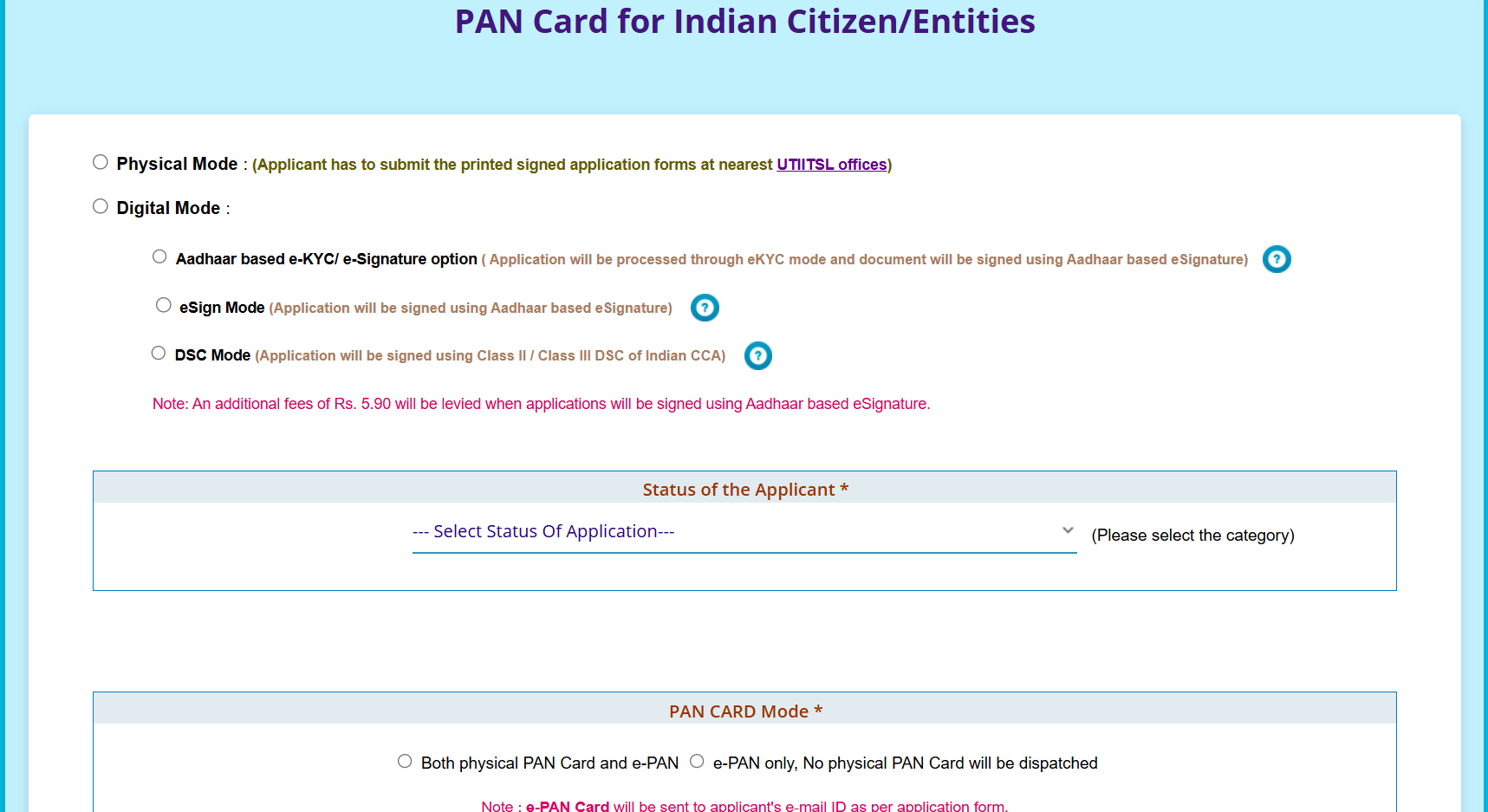 PAN card application for students