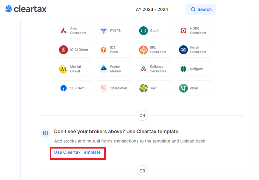 Cleartax template to filing ITR