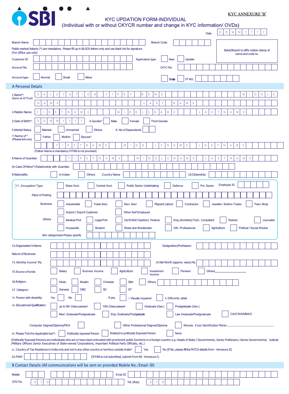 SBI KYC Form Sample Annexure B