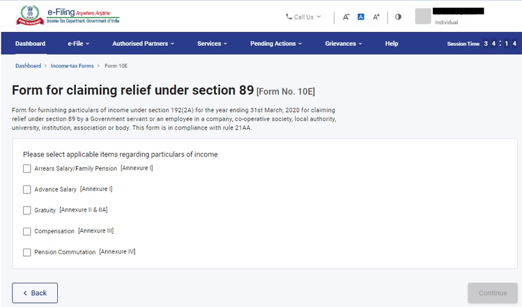 Form for claiming relied under section 89