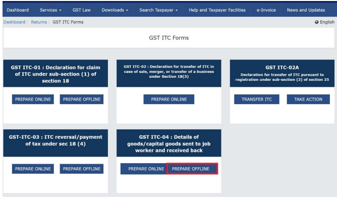 GST ITC-04 tile of the GST ITC forms