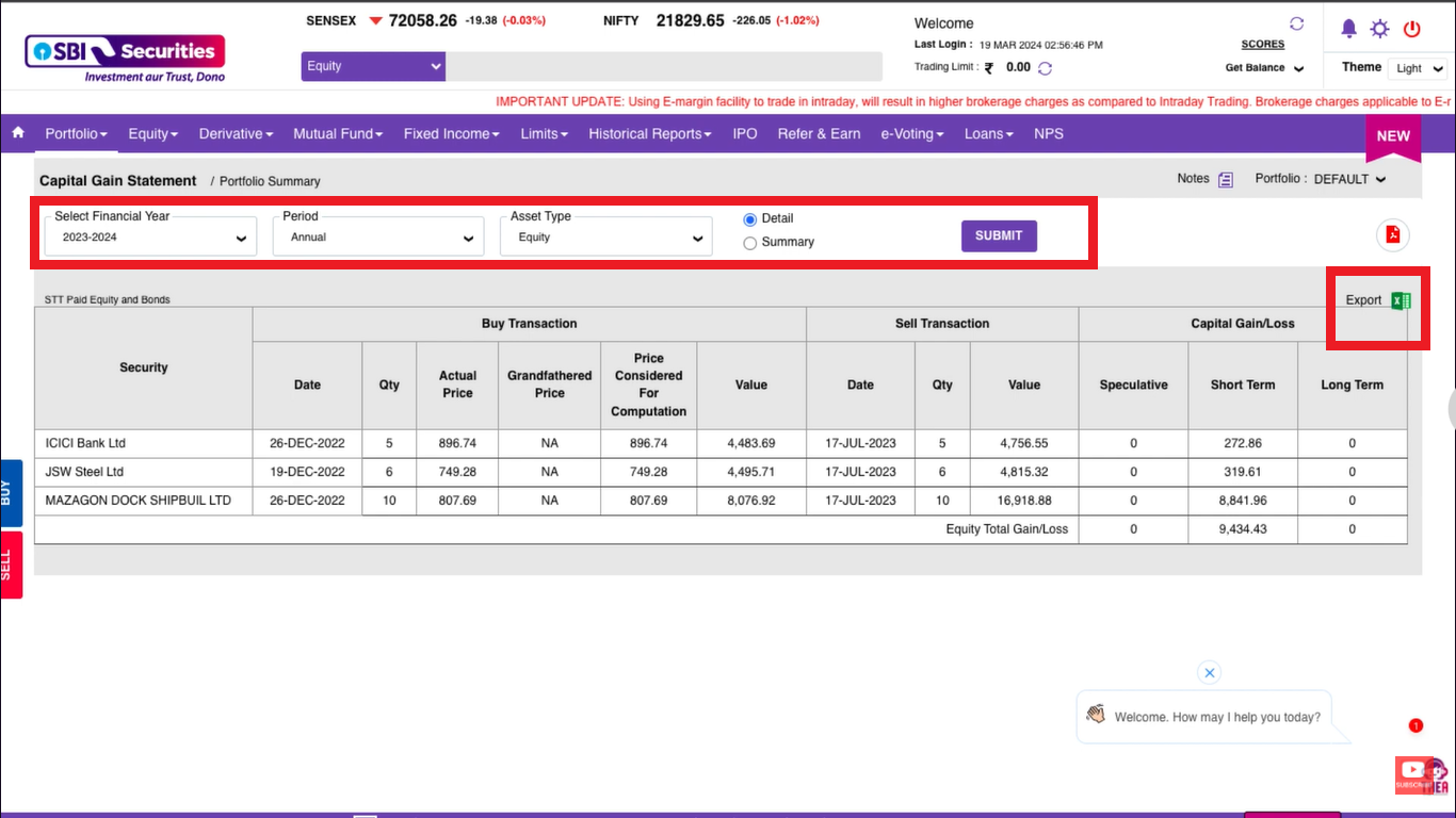 P&L for equity held