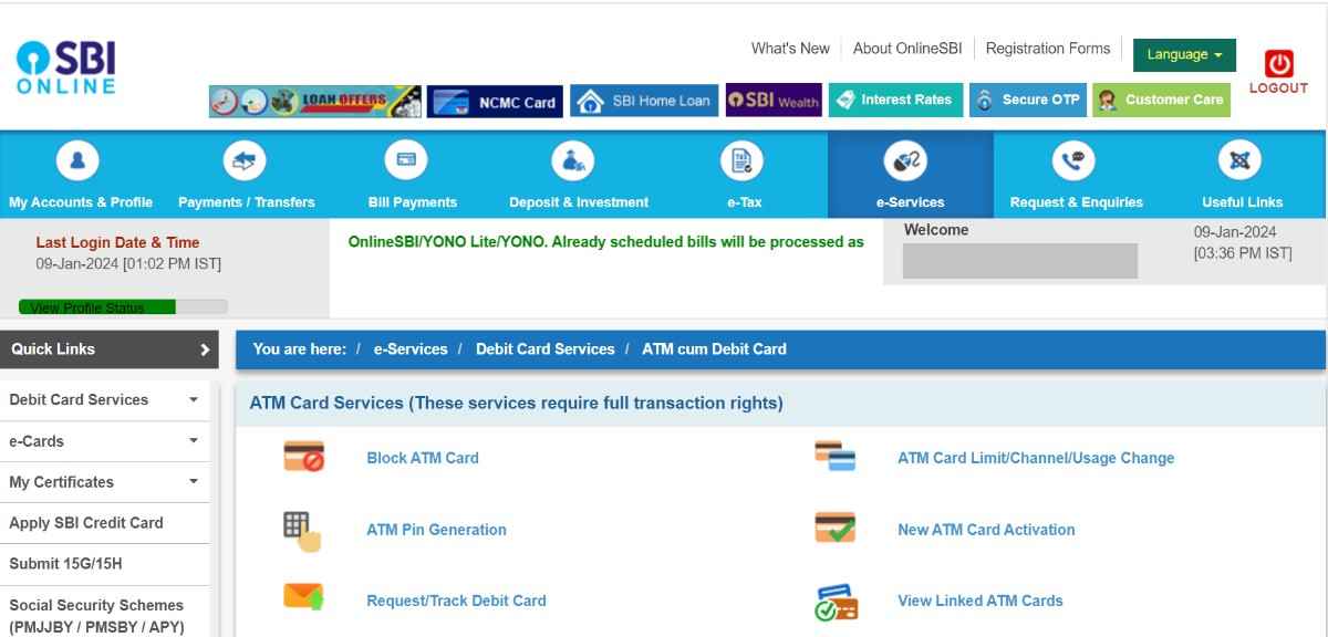 SBI debit card PIN via net banking
