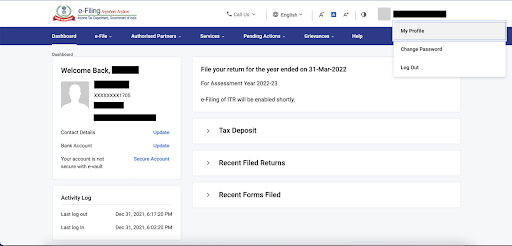 e-filing dashboard page