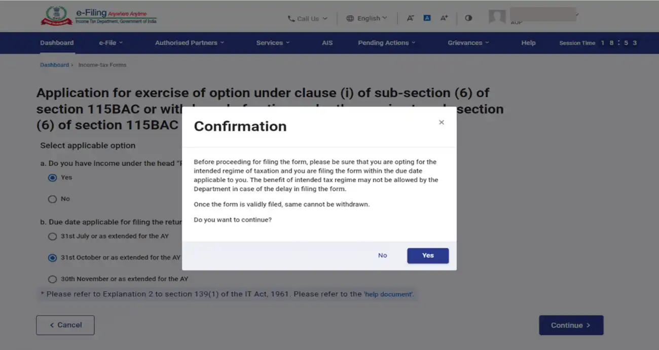 confirmation for selection of the regime