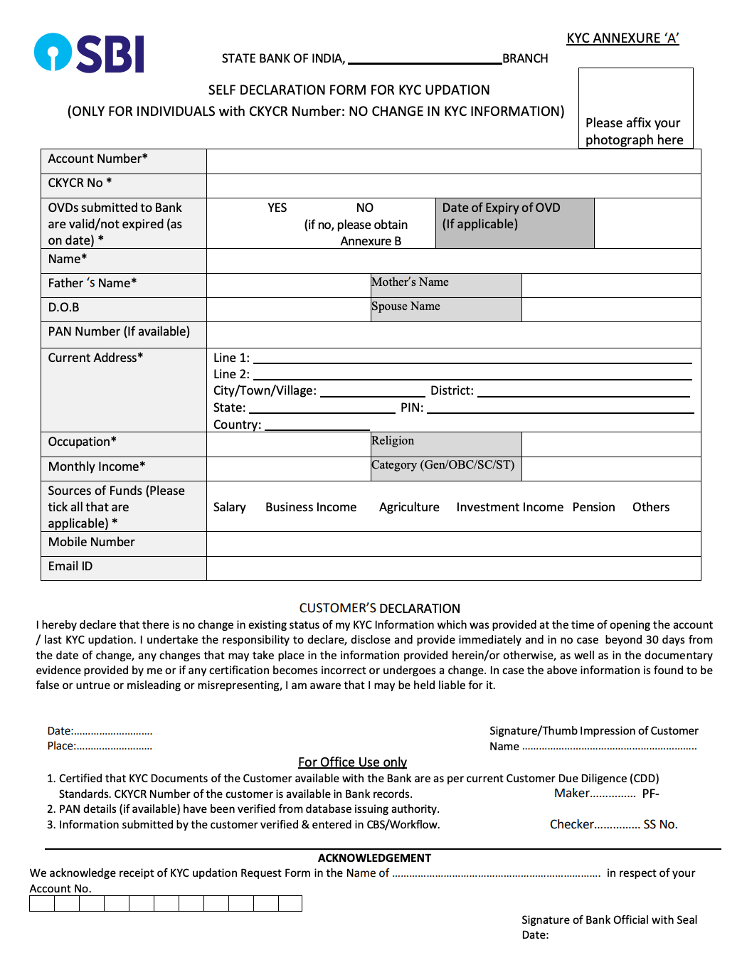 SBI KYC Form Sample Annexure A