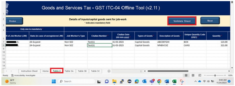 GST ITC 04 - Validate sheet’ button