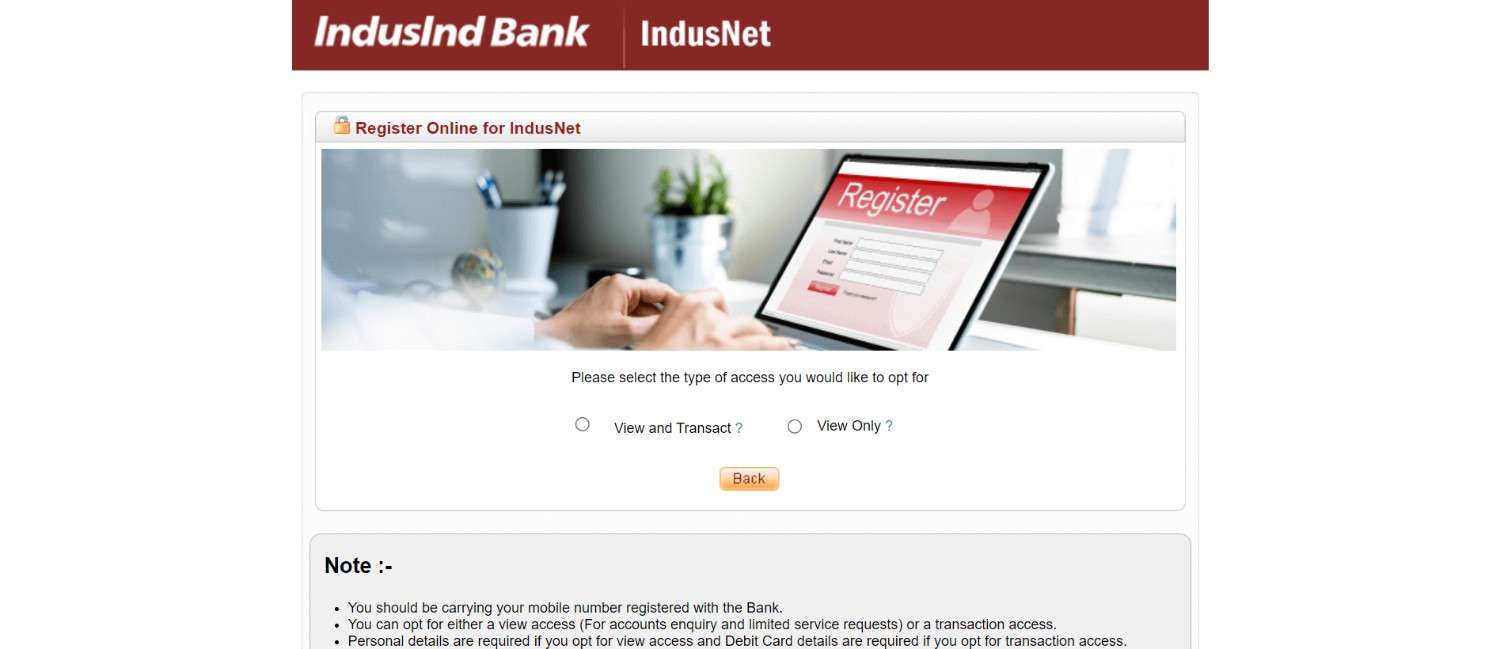 IndusInd Bank Net Banking Registration